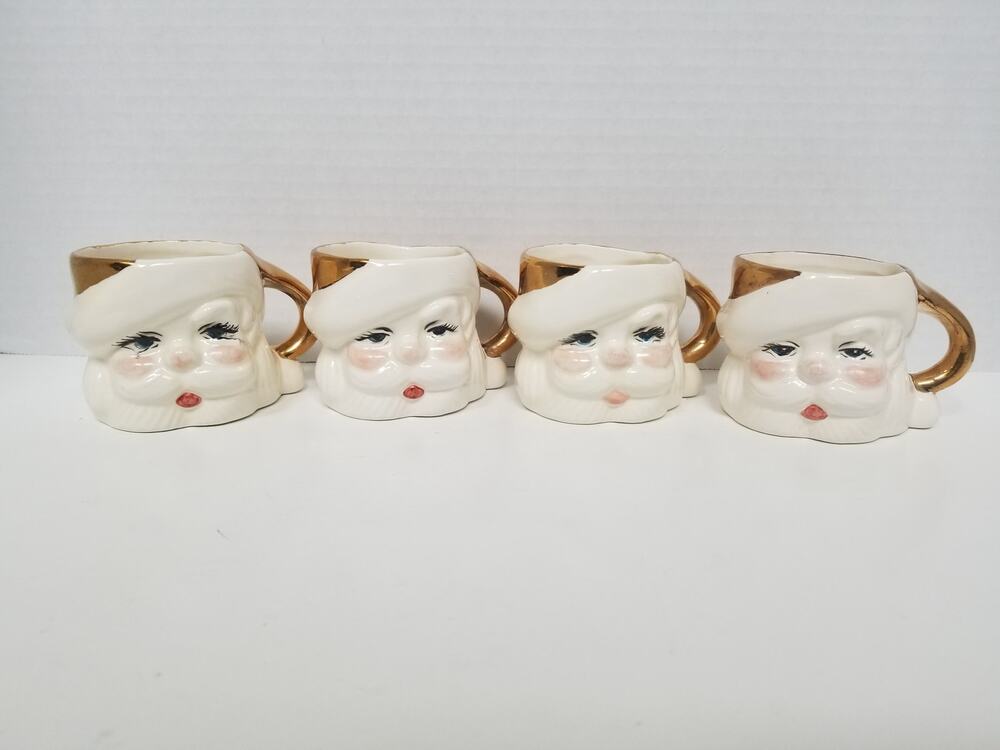 RARE VINTAGE CHRISTMAS SANTA CLAUS FACE OPEN EYES MUGS LOT OF 4 CREAM GOLD